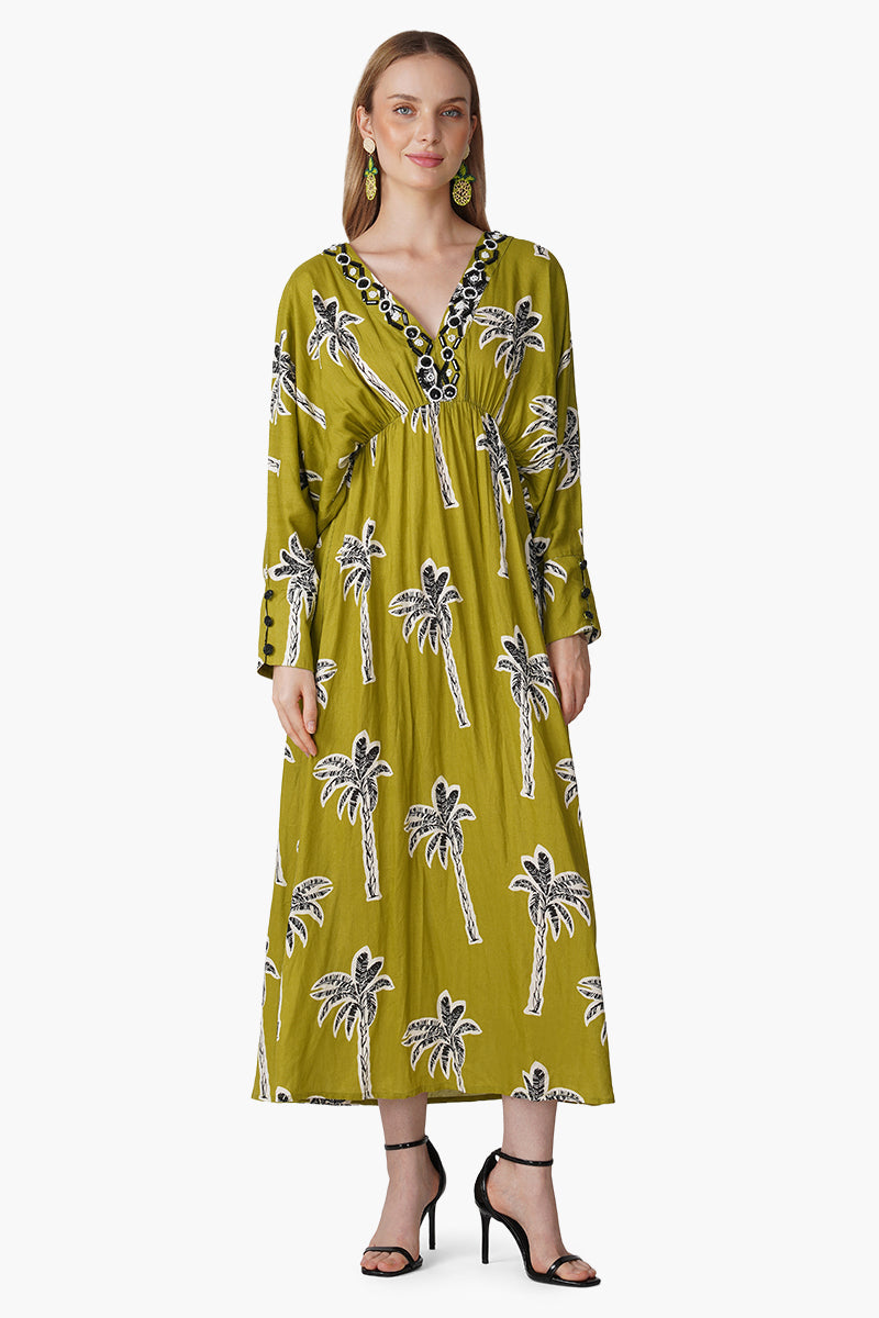 Green Bohemian Palm Printed Maxi Dress