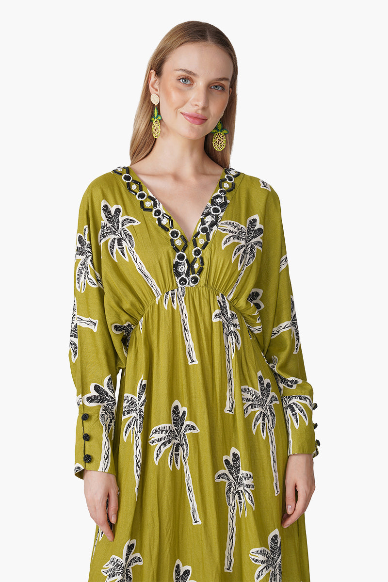 Green Bohemian Palm Printed Maxi Dress
