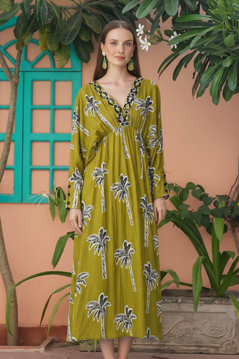Green Bohemian Palm Printed Maxi Dress
