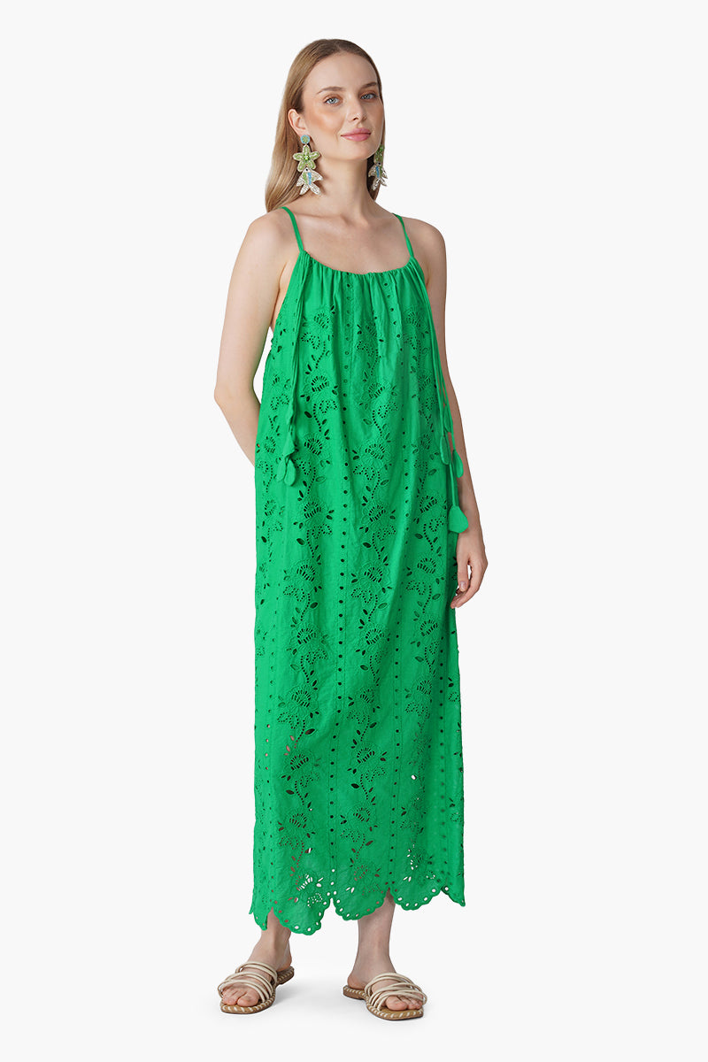 slim fit dress slacks Green Cotton Round Neck Schiffli Dress For Girls – Spunkies main image 0