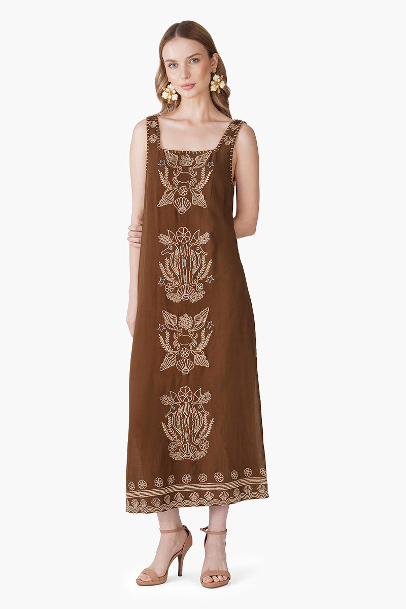 Warm Mocha Shell Embroidered Dress
