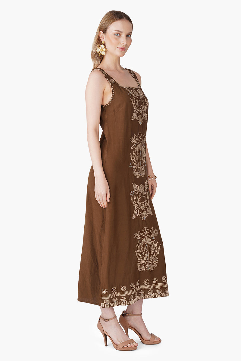Warm Mocha Shell Embroidered Dress