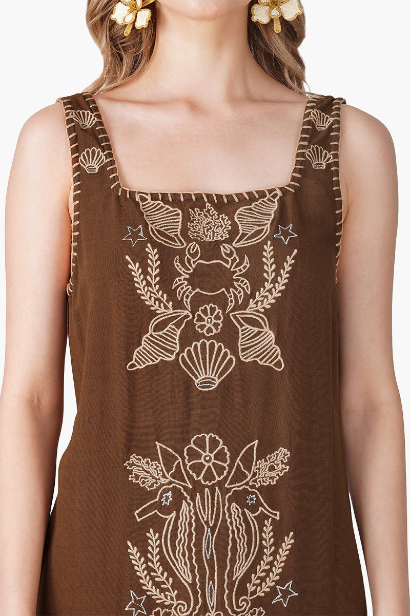 Warm Mocha Shell Embroidered Dress