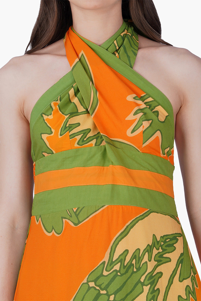 Lime Sun Toucan Printed Halter Dress