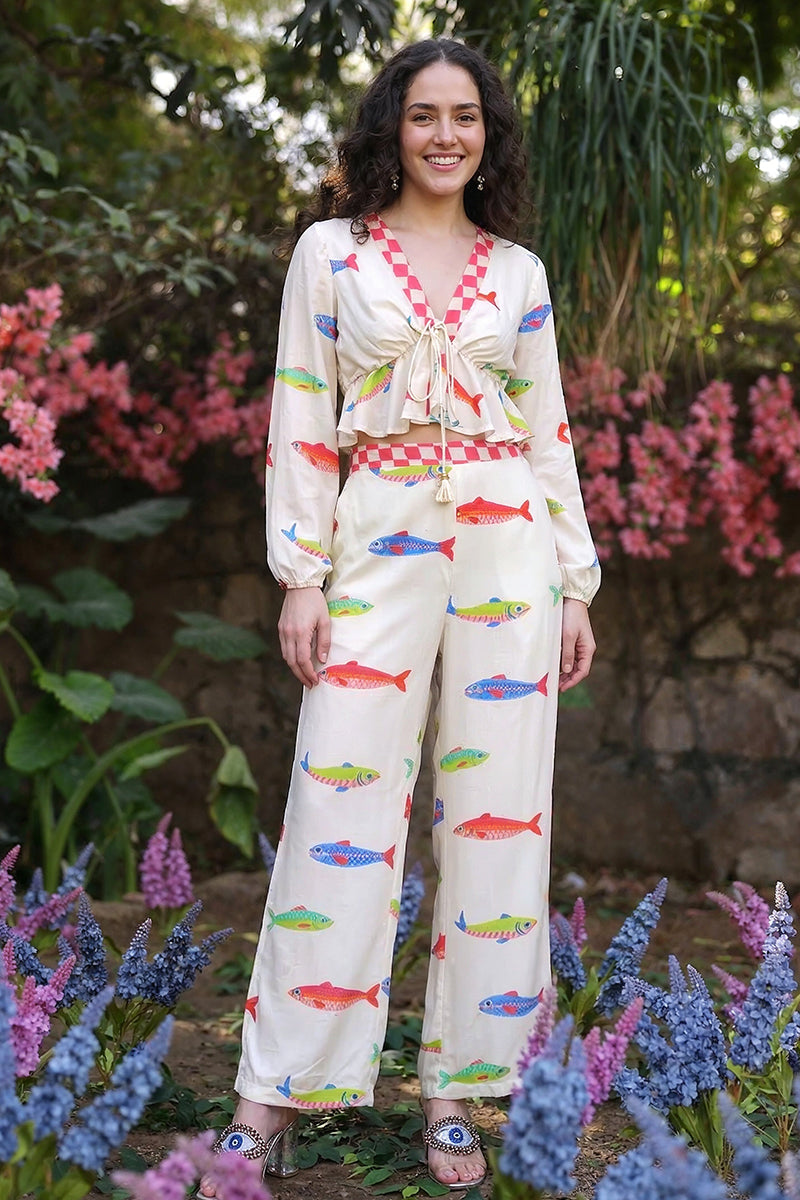 Hand-Drawn Fish Printed Crop Top | view 1