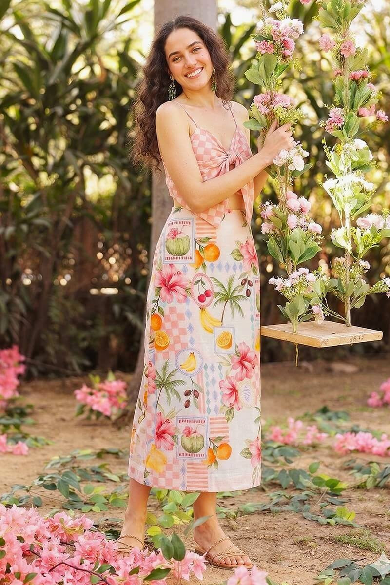 Hibiscus Fruit Print Summer Printed Bow Dress L Hibiscus Fruit Print Summer Printed Bow Dress L