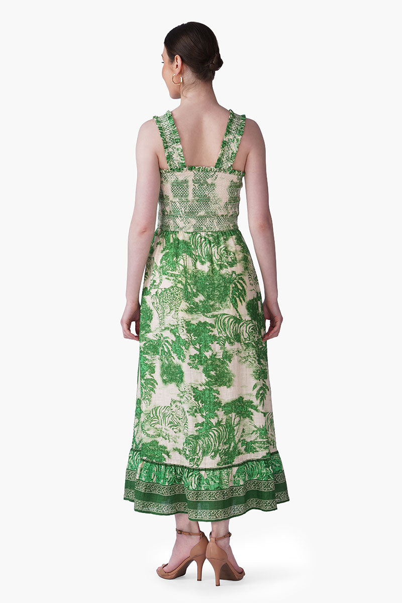 Green Forest Safari Print Smocked Long Dress
