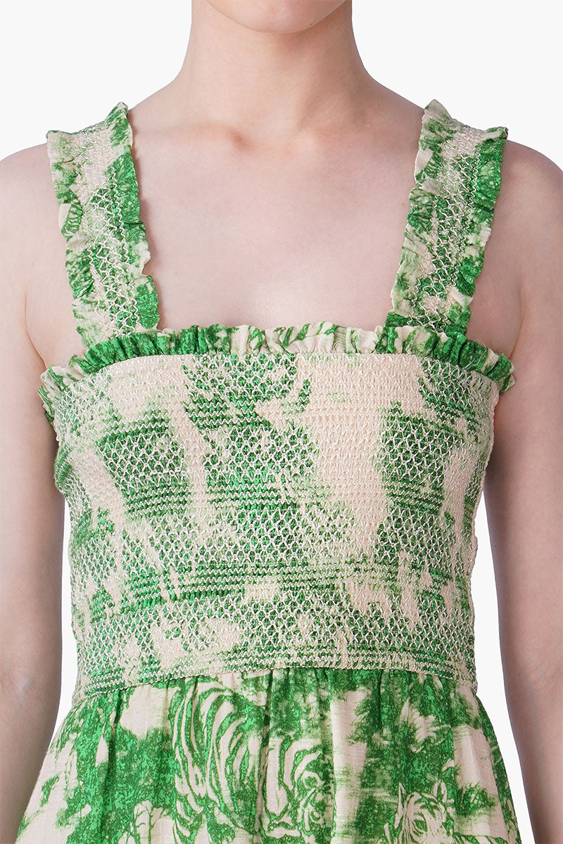 Green Forest Safari Print Smocked Long Dress