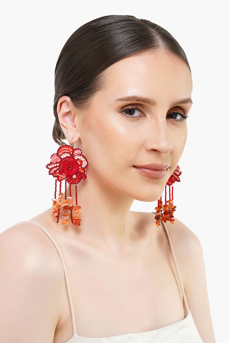 Red Roses Beaded Earrings