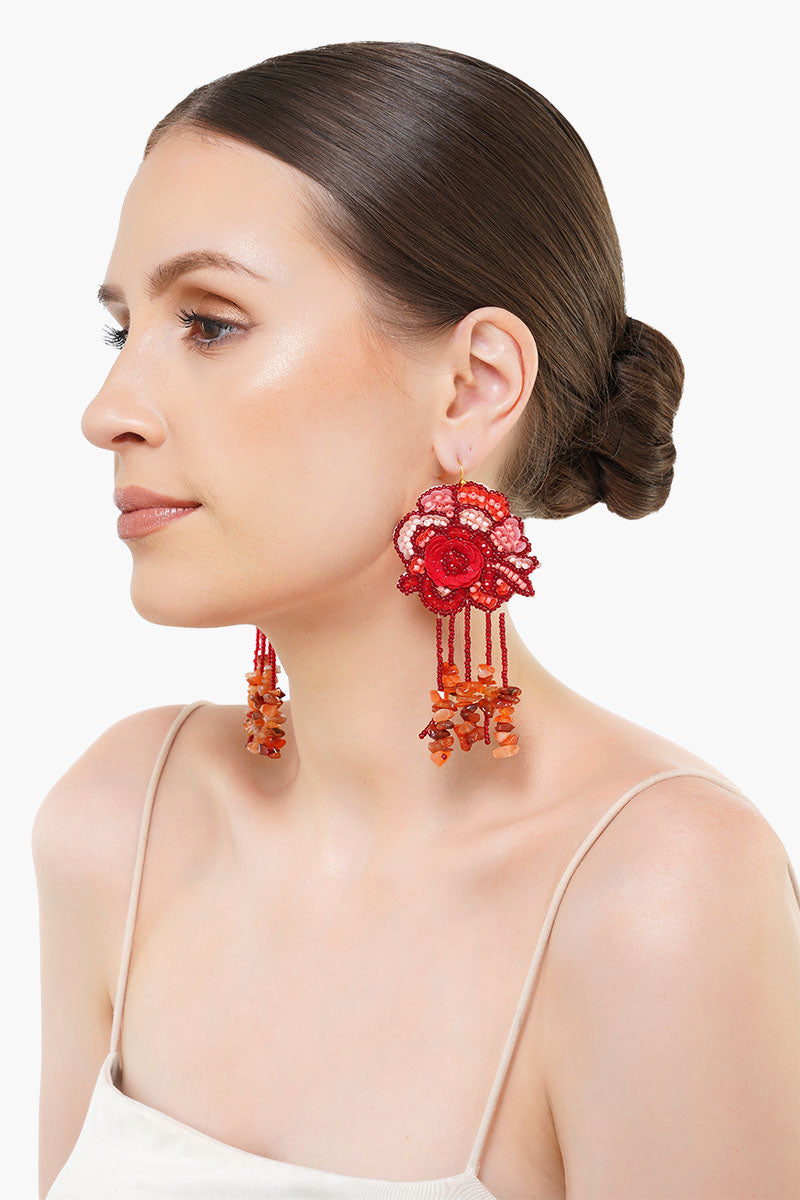Red Roses Beaded Earrings