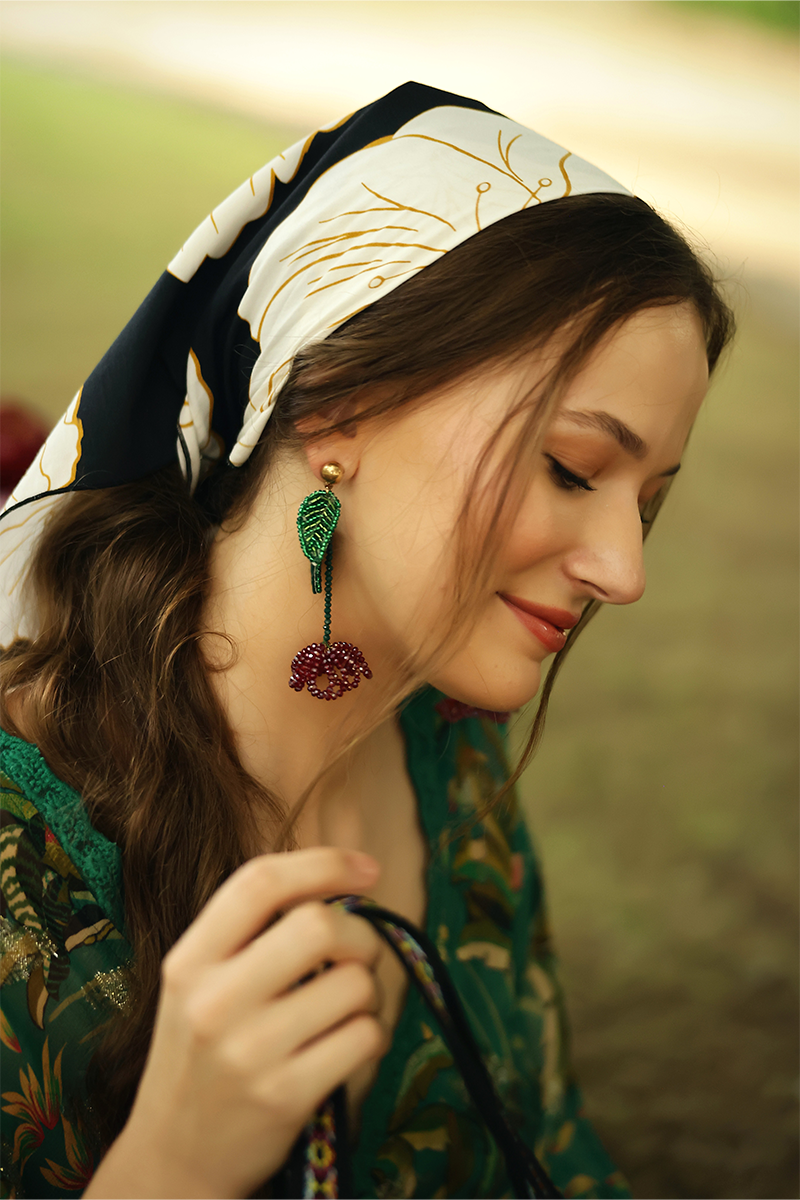 Red and Green Beaded Flower Earrings