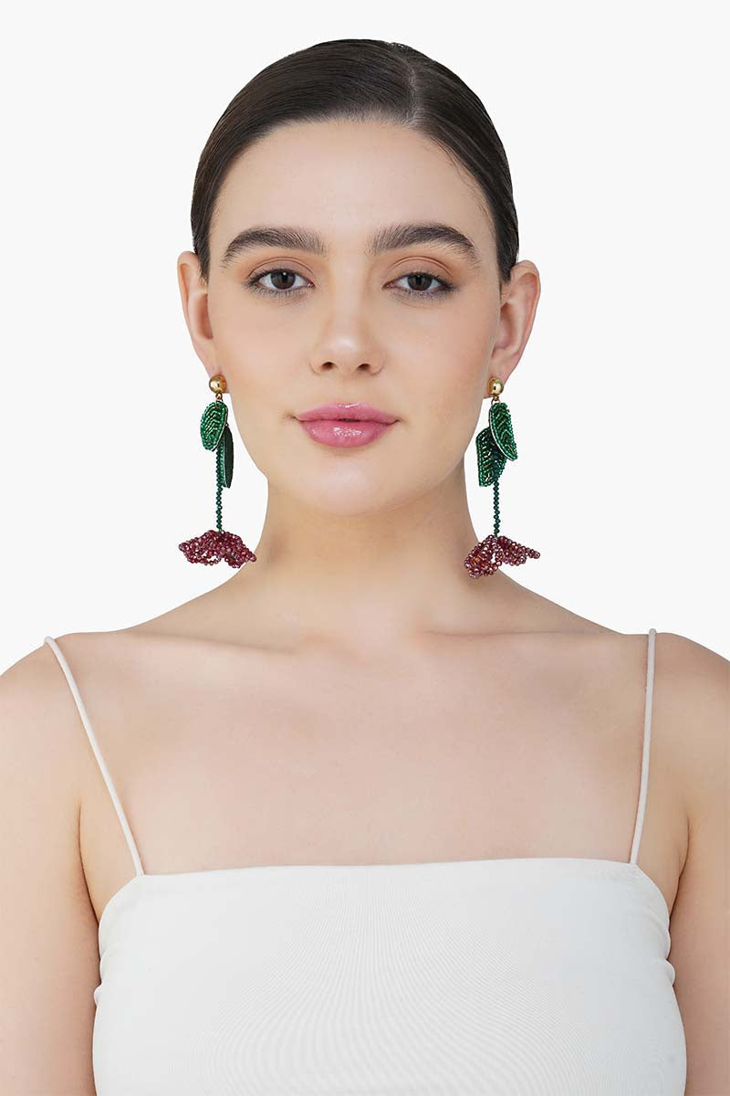 Red and Green Beaded Flower Earrings