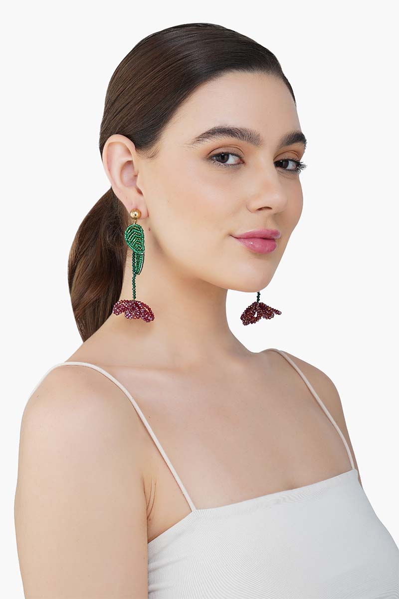 Red and Green Beaded Flower Earrings