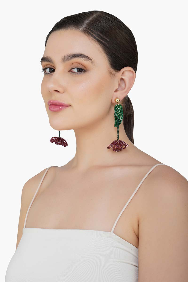 Red and Green Beaded Flower Earrings