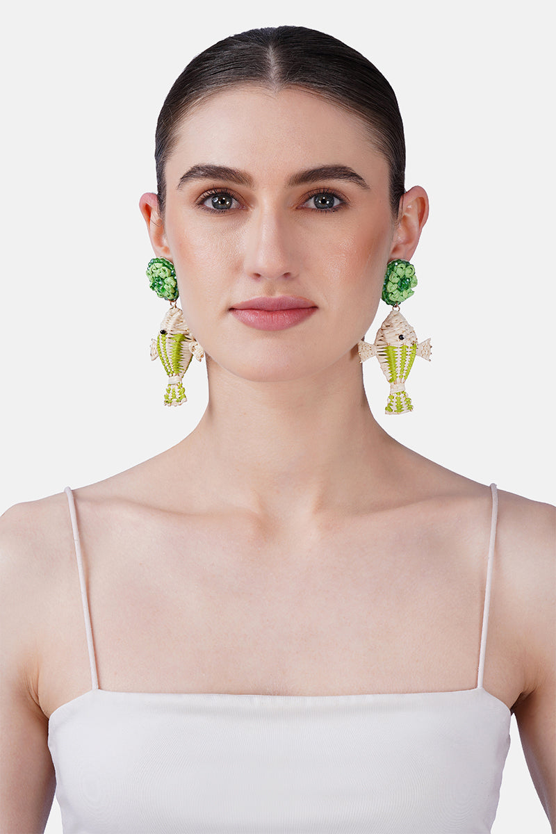 Coastal Fish Tale Raffia Hand-Beaded Statement Earrings | view 1