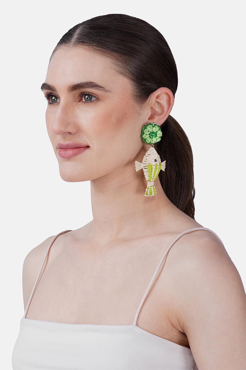 Coastal Fish Tale Raffia Hand-Beaded Statement Earrings