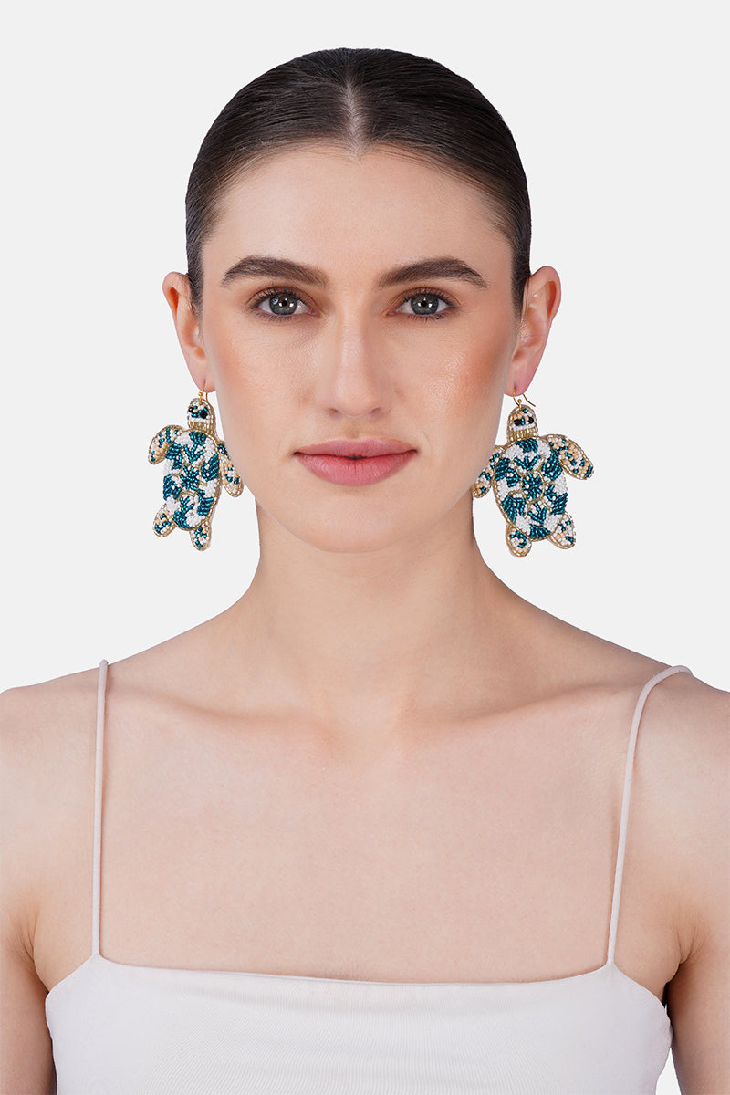 Sea Turtle Ocean Life Hand-Beaded Statement Earrings