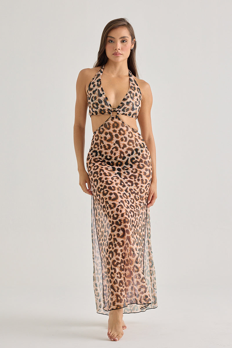 Leopard Halter Mesh Dress