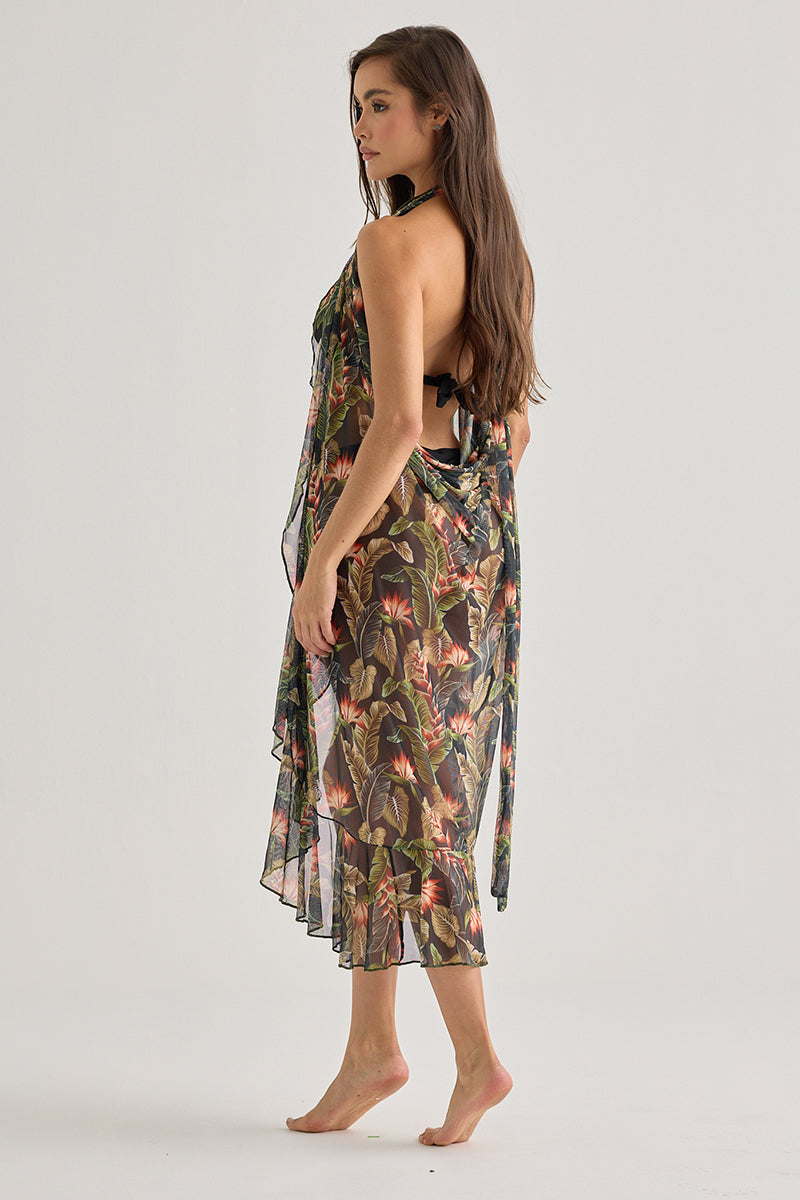 Beach Skirt With Tropical Print-Ruffles And Sheer Fabric
