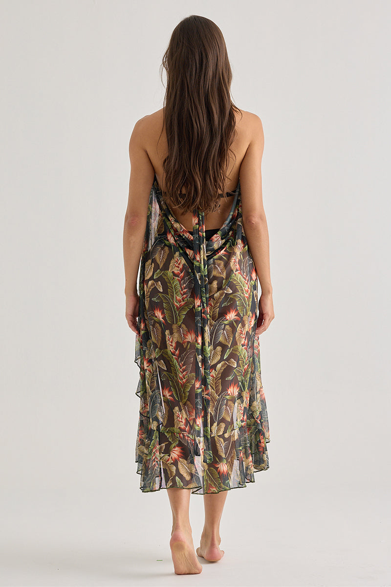 Beach Skirt With Tropical Print-Ruffles And Sheer Fabric