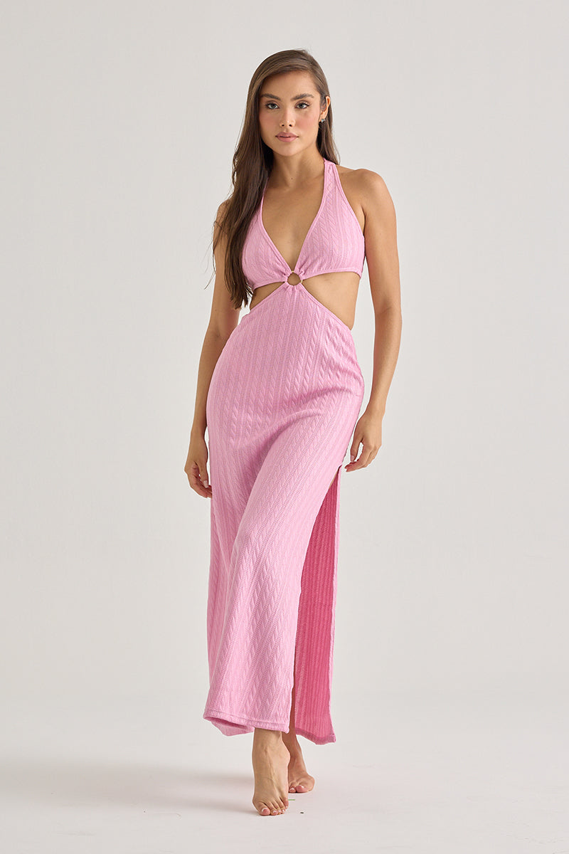Pink Cut-Out Halter Beach Dress–Chic Resort Wear