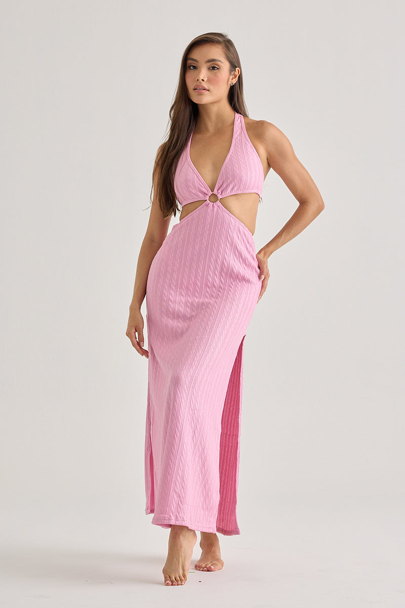Pink Cut-Out Halter Beach Dress–Chic Resort Wear