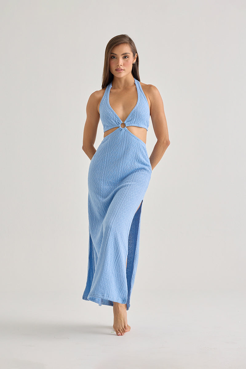 Blue Halter Cut-Out Maxi Dress–Elegant Beach Cover-Up