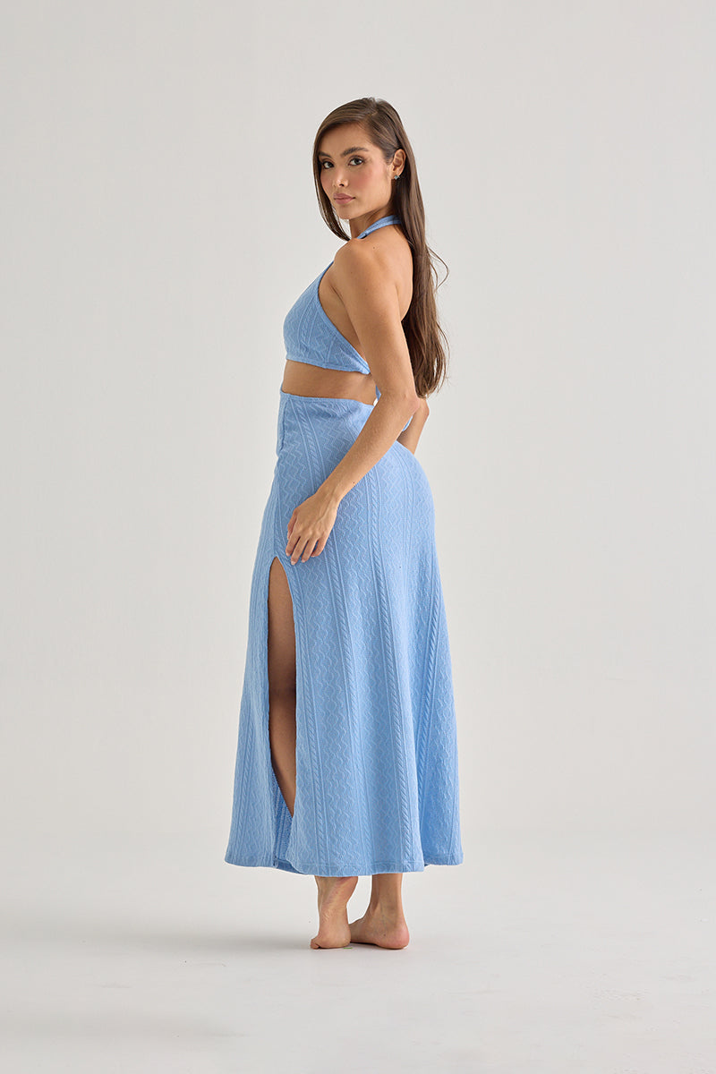 Blue Halter Cut-Out Maxi Dress–Elegant Beach Cover-Up