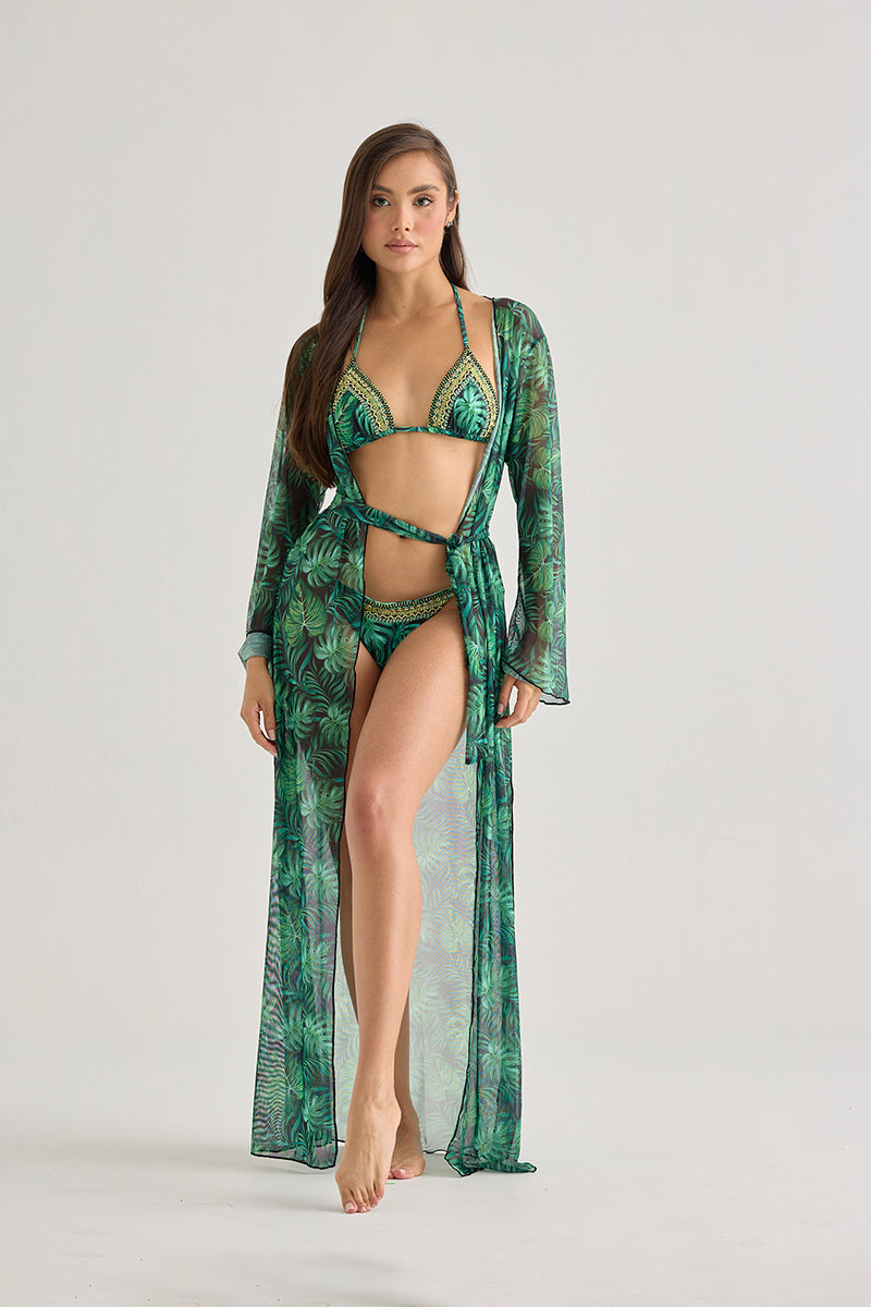 Tropical Leaf Sheer Kimono – Lightweight Beach Cover-Up