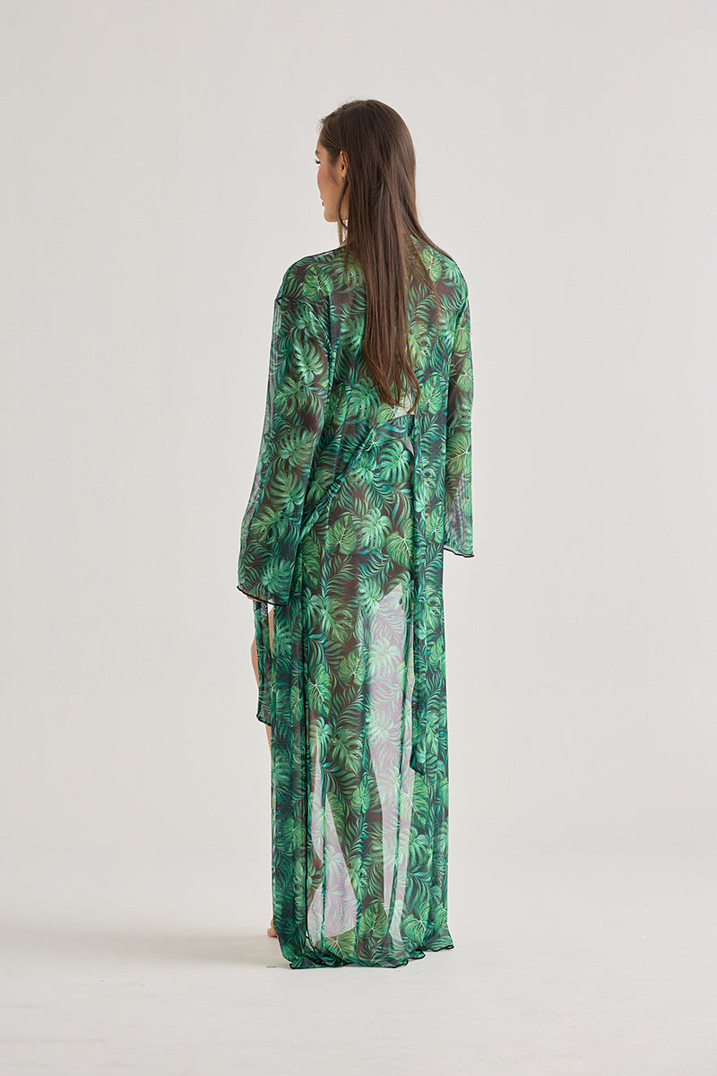Tropical Leaf Sheer Kimono – Lightweight Beach Cover-Up