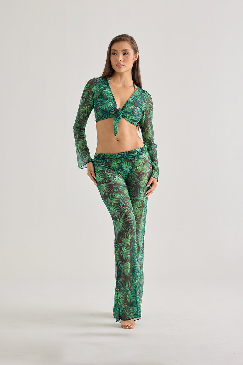 Tropical Leaf Sheer Tie-Front Top – Lightweight Beachwear Cover-Up