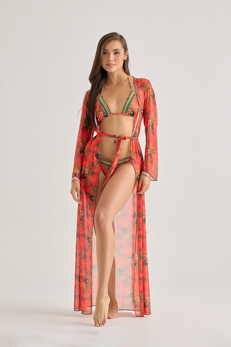 Red Tropical Sheer Kimono – Lightweight Long Beach Cover-Up