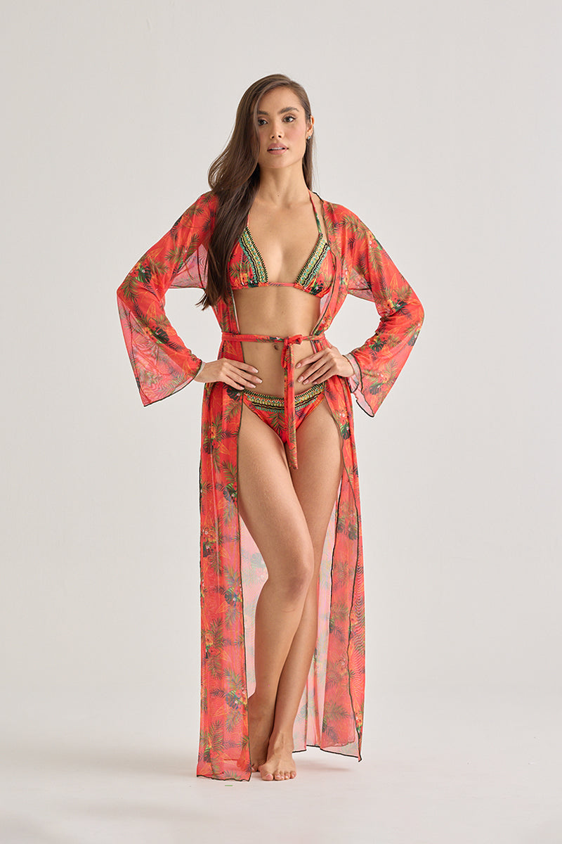 Red Tropical Sheer Kimono – Lightweight Long Beach Cover-Up