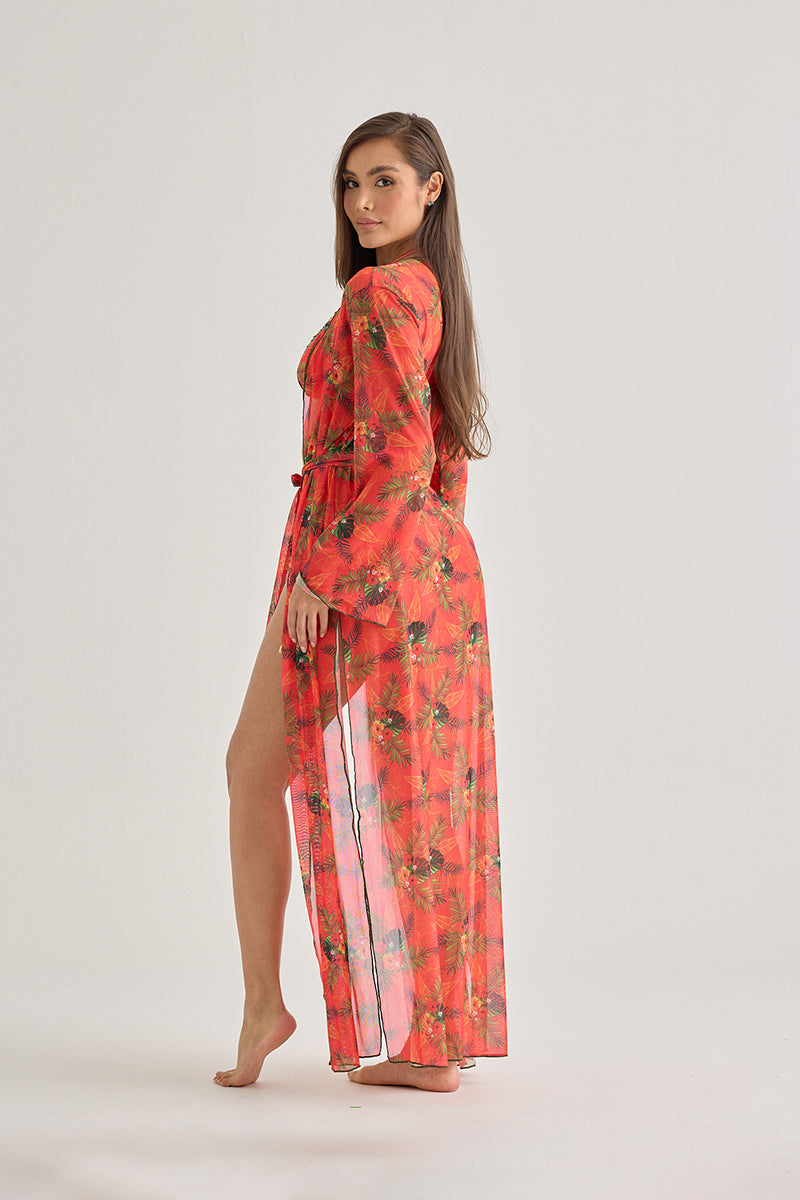 Red Tropical Sheer Kimono – Lightweight Long Beach Cover-Up