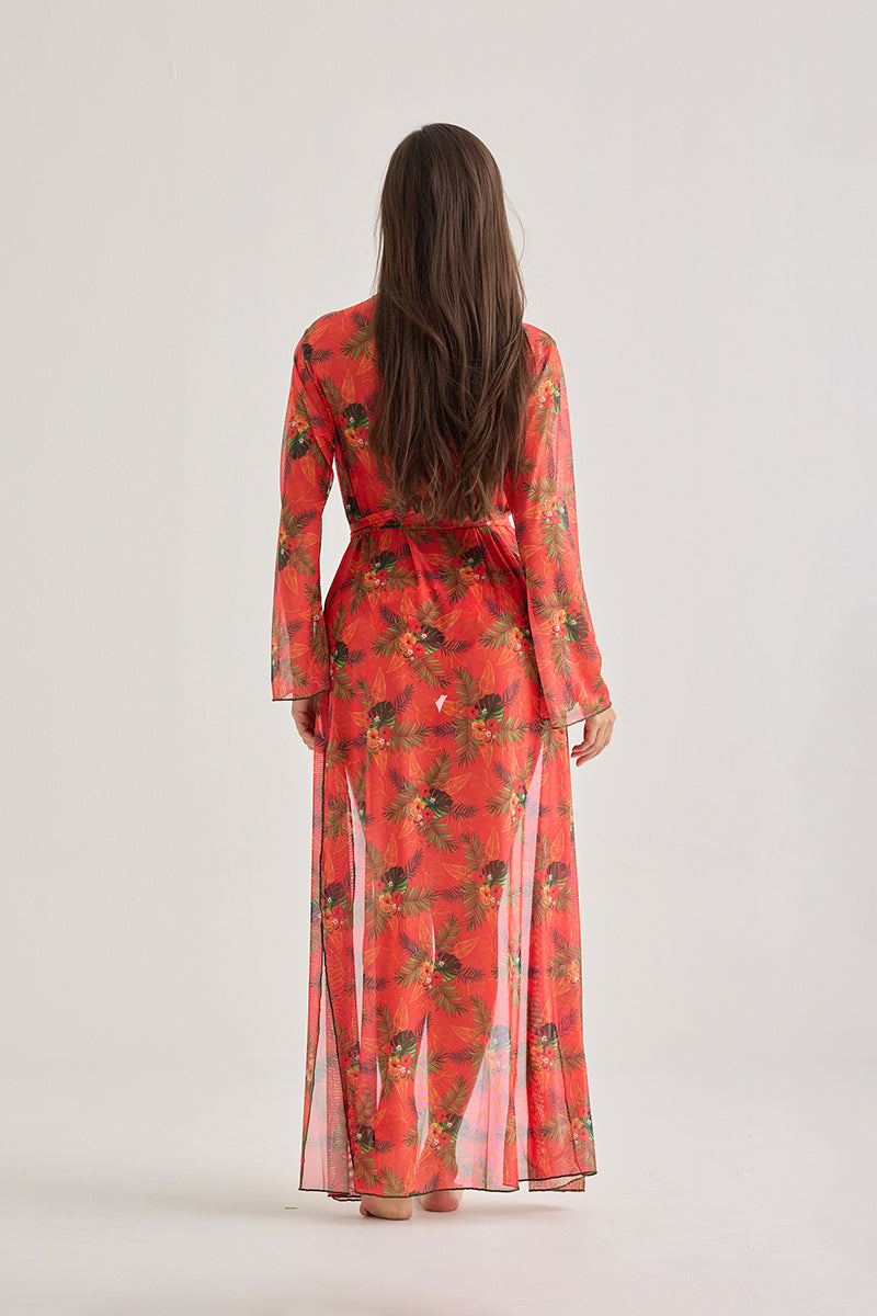 Red Tropical Sheer Kimono – Lightweight Long Beach Cover-Up