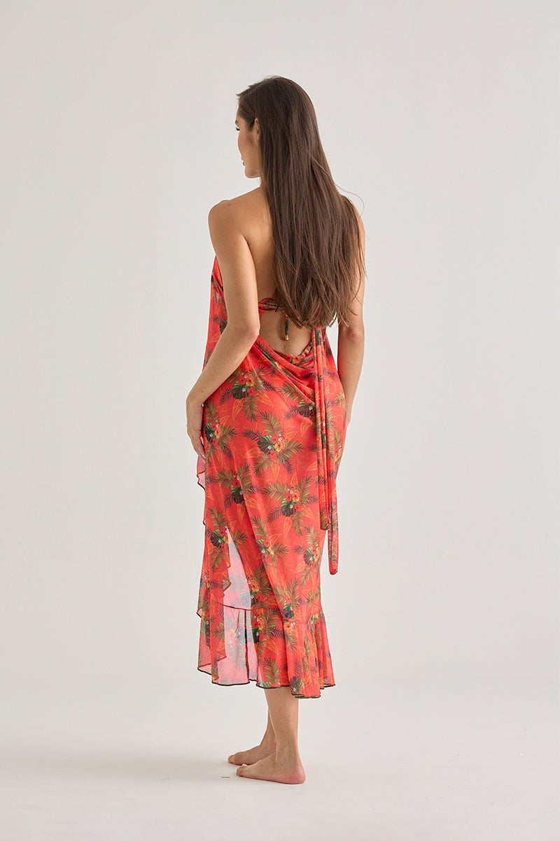 Red Tropical Mesh Long Skirt – Flowy & Sheer Beach Cover-Up