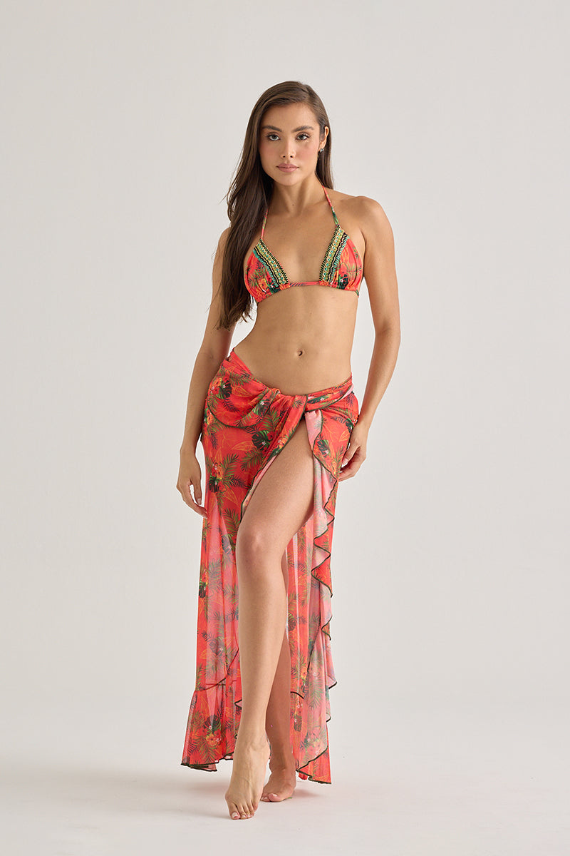Red Tropical Mesh Long Skirt – Flowy & Sheer Beach Cover-Up
