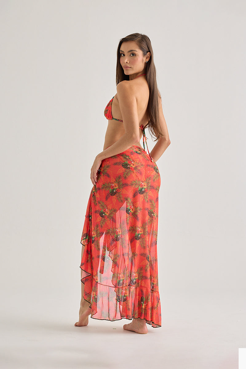 Red Tropical Mesh Long Skirt – Flowy & Sheer Beach Cover-Up