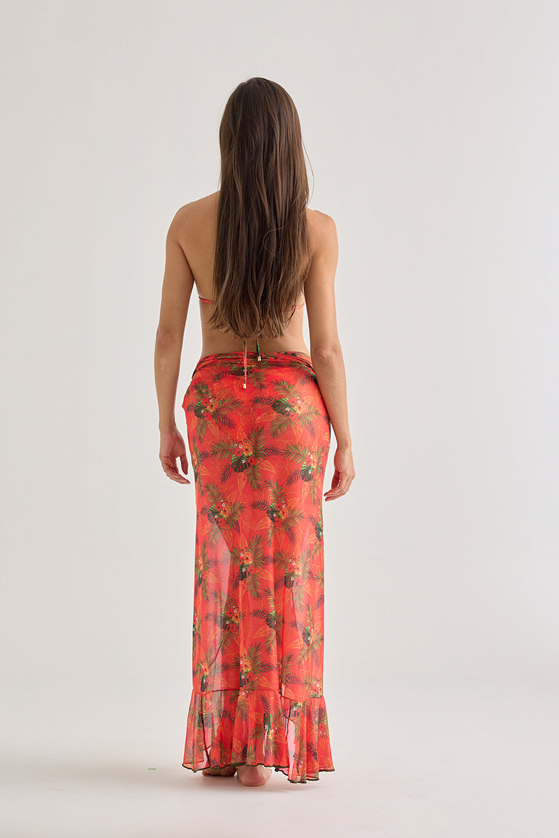 Red Tropical Mesh Long Skirt – Flowy & Sheer Beach Cover-Up