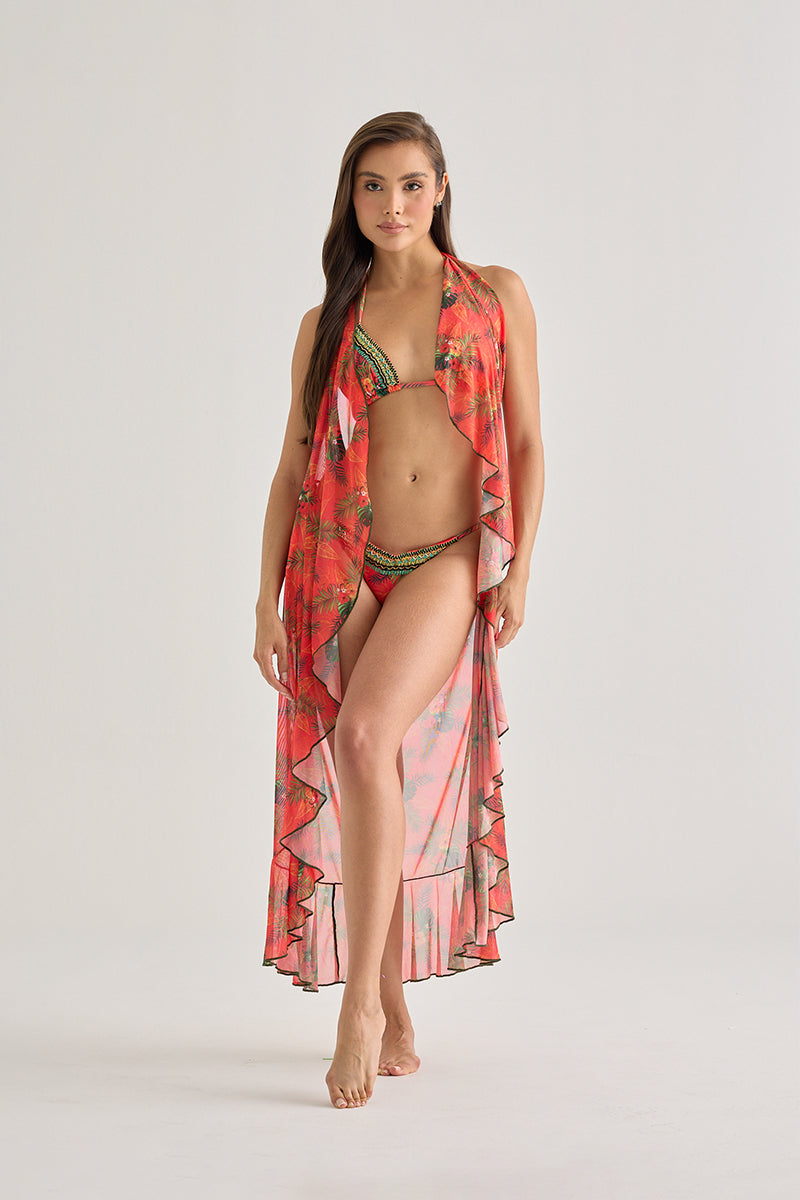 Red Tropical Mesh Long Skirt – Flowy & Sheer Beach Cover-Up