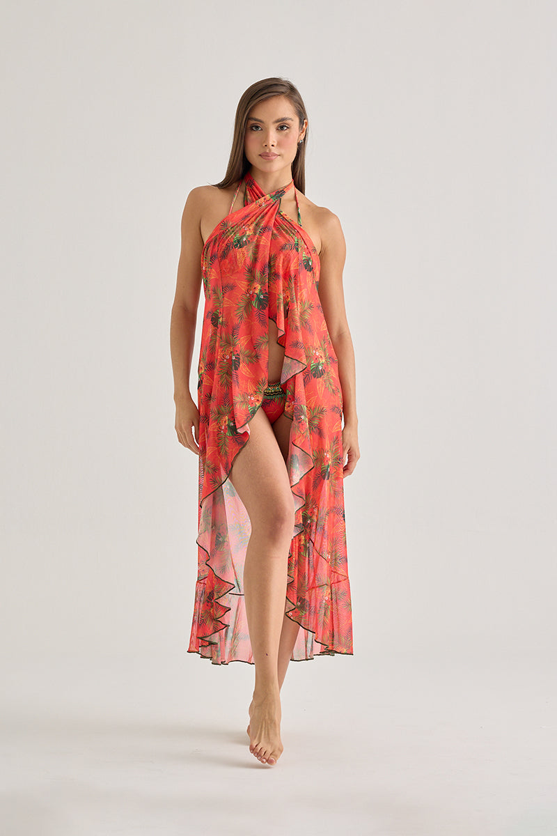 Red Tropical Mesh Long Skirt – Flowy & Sheer Beach Cover-Up