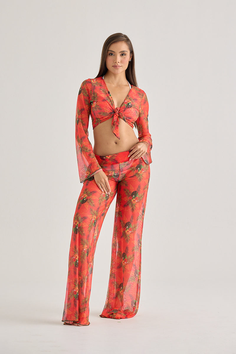Red Tropical Sheer Tie-Front Top – Lightweight Resort Cover-Up