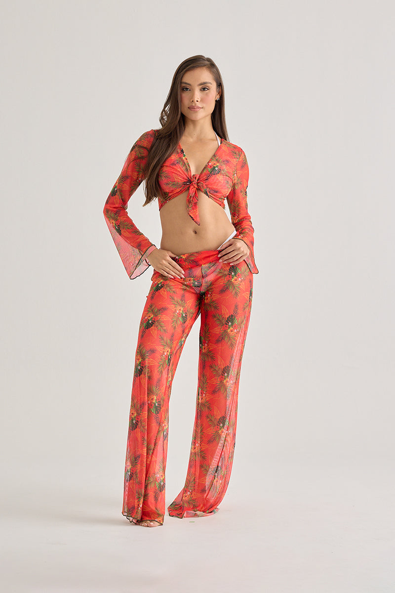 Red Tropical Sheer Tie-Front Top – Lightweight Resort Cover-Up