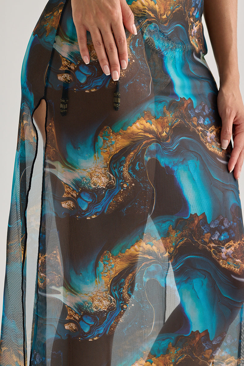 Blue Marble Mesh Halter Dress – Sheer, Flowy & Resort-Ready