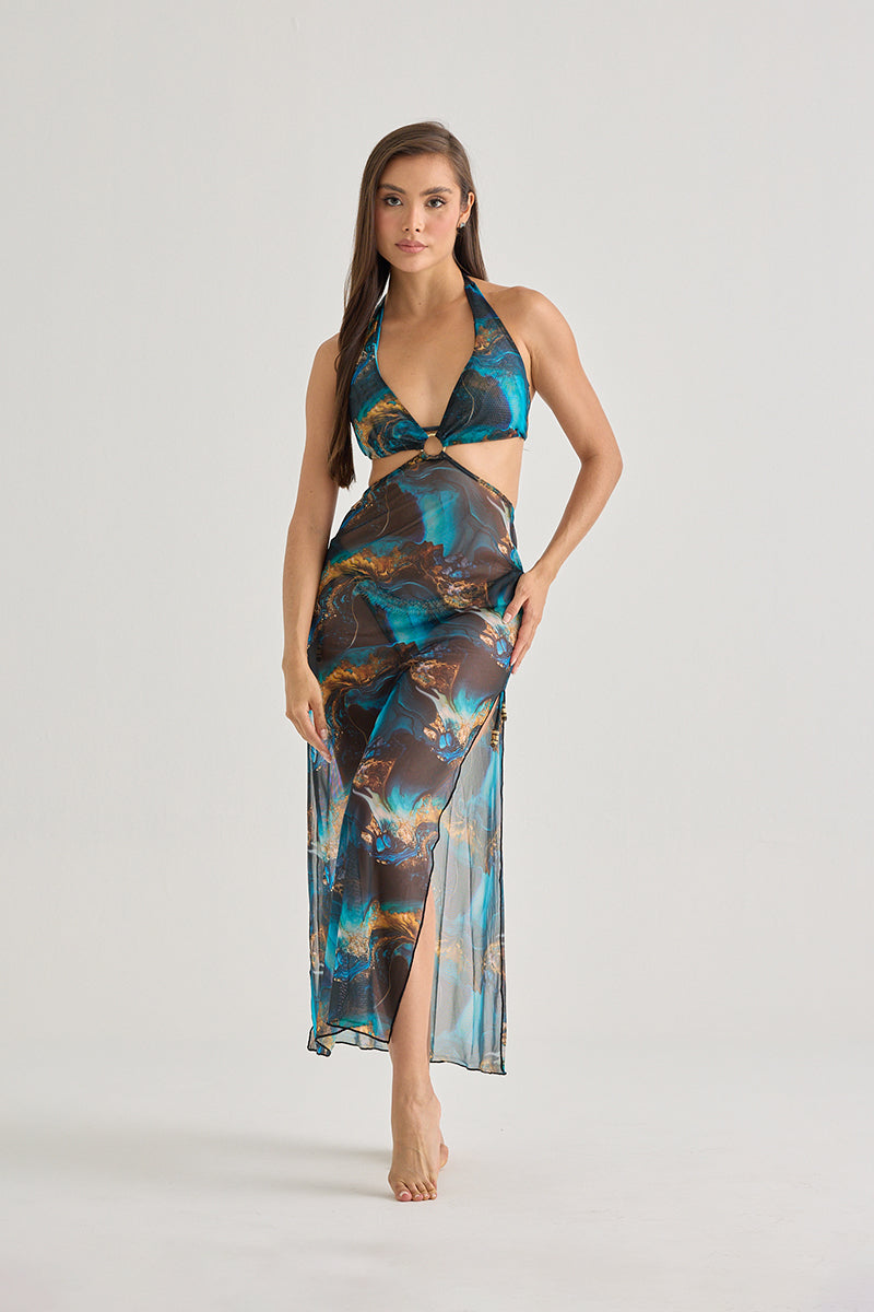 Blue Marble Mesh Halter Dress – Sheer, Flowy & Resort-Ready