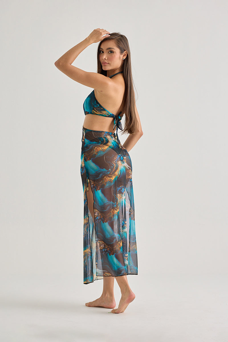 Blue Marble Mesh Halter Dress – Sheer, Flowy & Resort-Ready