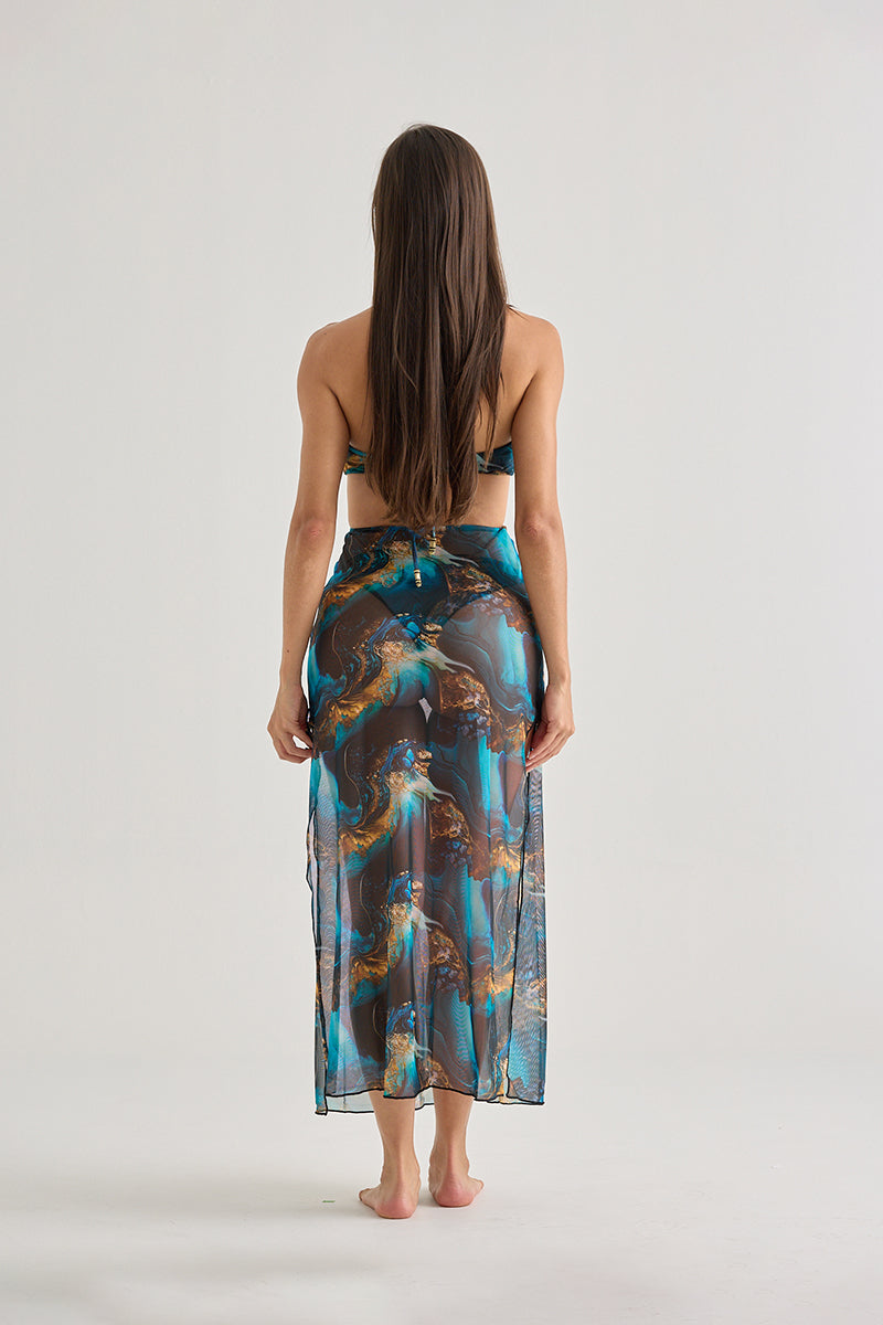 Blue Marble Mesh Halter Dress – Sheer, Flowy & Resort-Ready