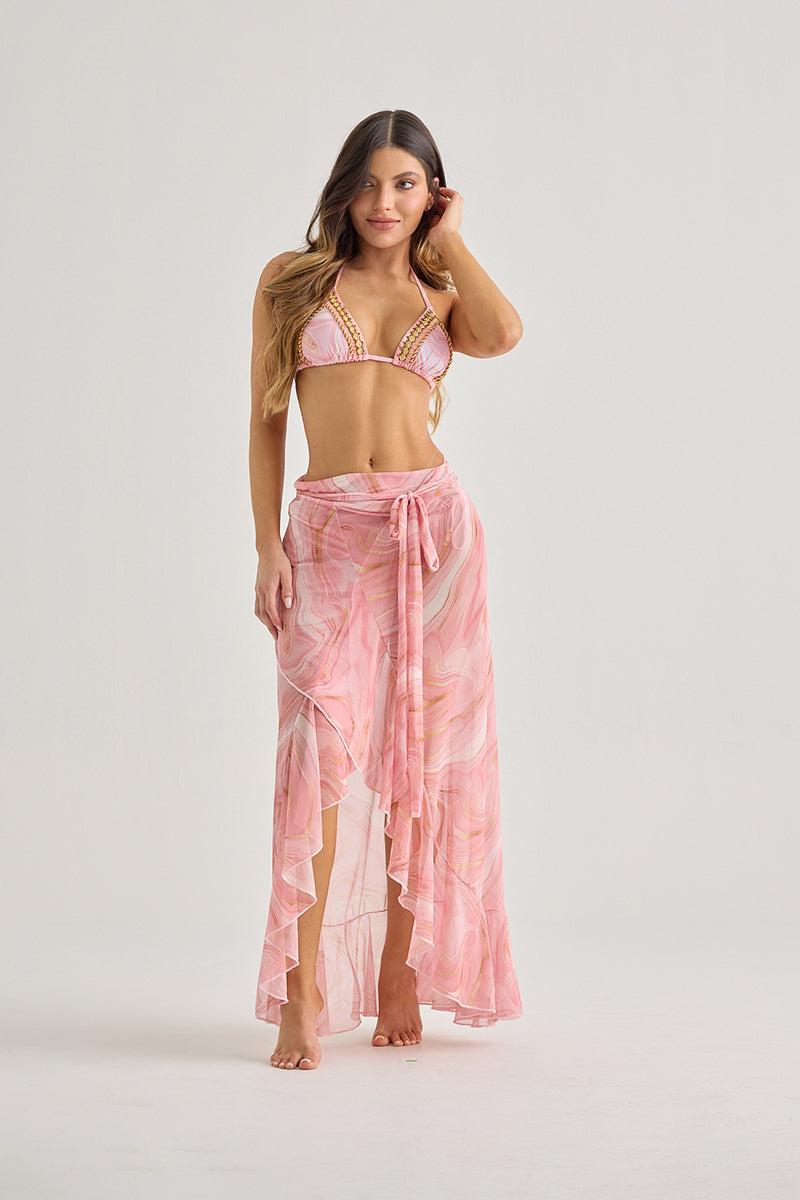 Pink Marble Long Wrap Skirt – Sheer, Flowy & Feminine Cover-Up