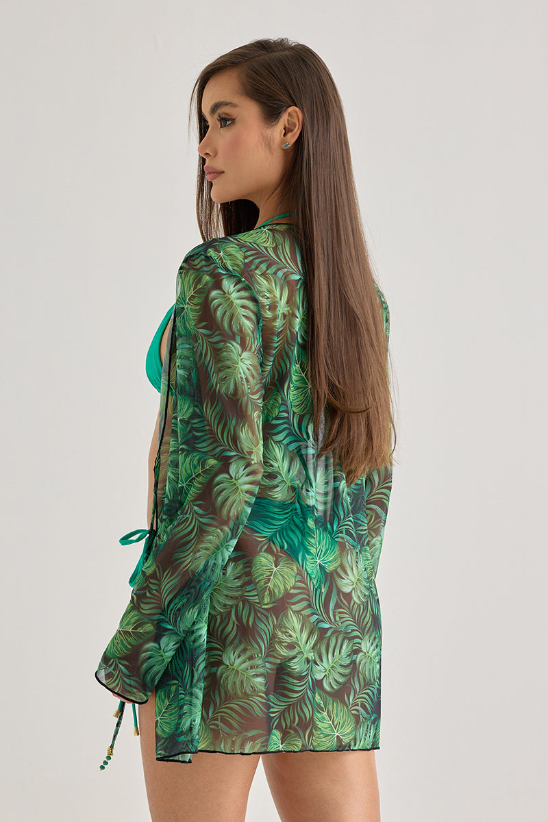 Tropical Leaf Sheer Mini Cover-Up – Lightweight Beachwear
