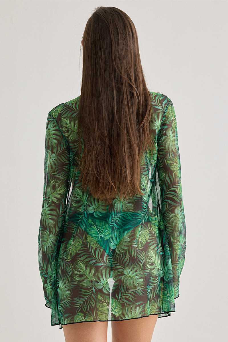 Tropical Leaf Sheer Mini Cover-Up – Lightweight Beachwear